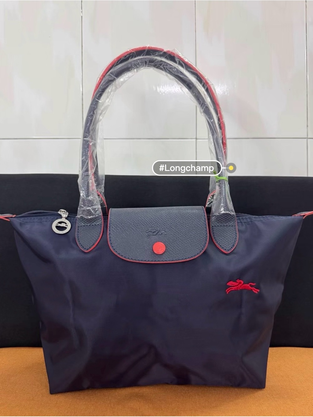 Longchamp Navy Tote with Red Trim and Accents - Picture 1 of 8